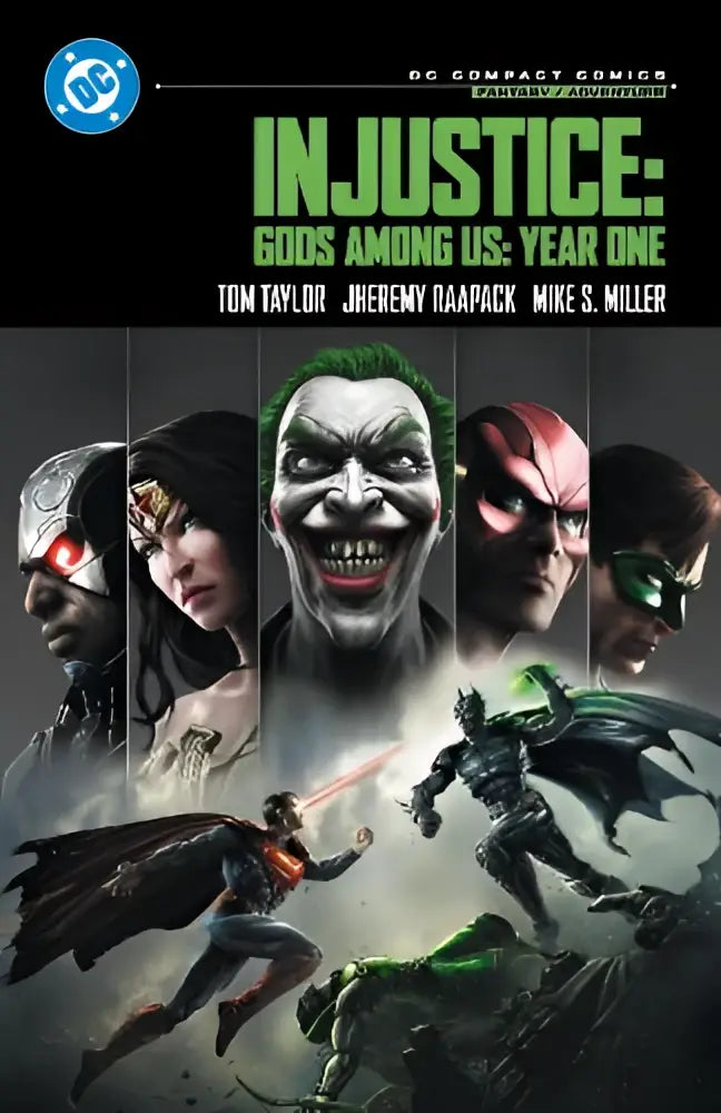 Cover van injustice gods among us year one met joker centraal en vijf dc karakters in dynamische poses in een compact comics editie