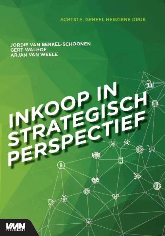 Groen boekcover van inkoop in strategisch perspectief met witte tekst en netwerkiconen gert walhof vakmedianet bouwcommunities