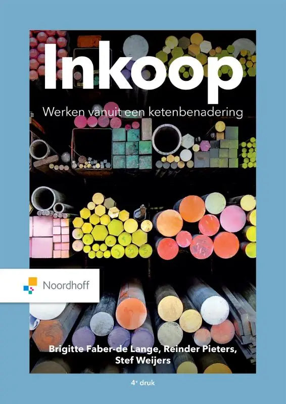 De boekcover van inkoop door brigitte faber-de lange toont kleurrijke metalen staven en buizen op een achtergrond