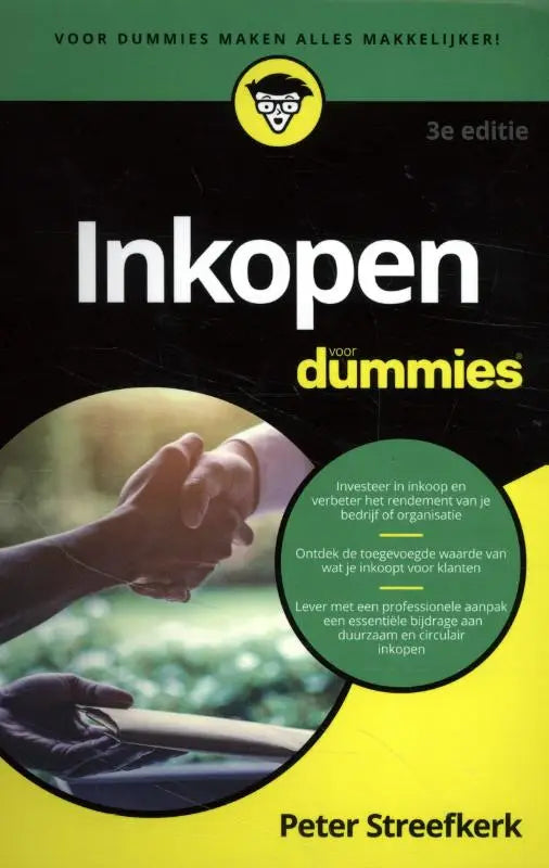 De boekcover van inkopen voor dummies door peter streefkerk met een opvallend zwart gele vormgeving voor poelstra projectmanagement