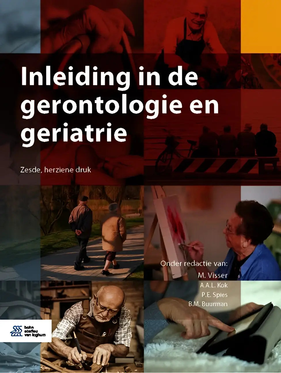 De boekcover van inleiding in de gerontologie en geriatrie toont collage met oudere mensen in rode en oranje tinten bsl media geriatrische geneeskunde