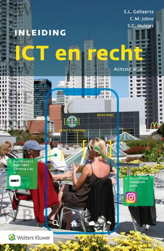 De boekomslag van inleiding ict en recht met gele letters en moderne wolkenkrabbers is een product van wolters kluwer nederland