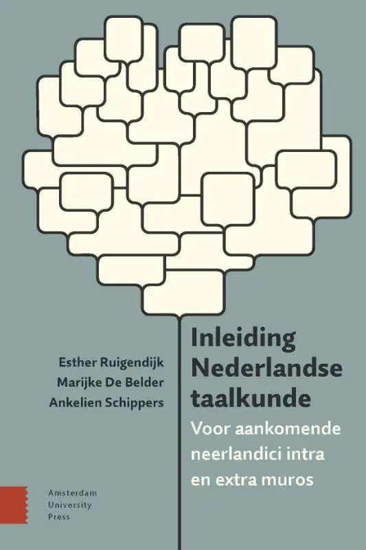 Boekcover van inleiding nederlandse taalkunde met een gestileerde hersenen van spraakballonnen op een teal achtergrond