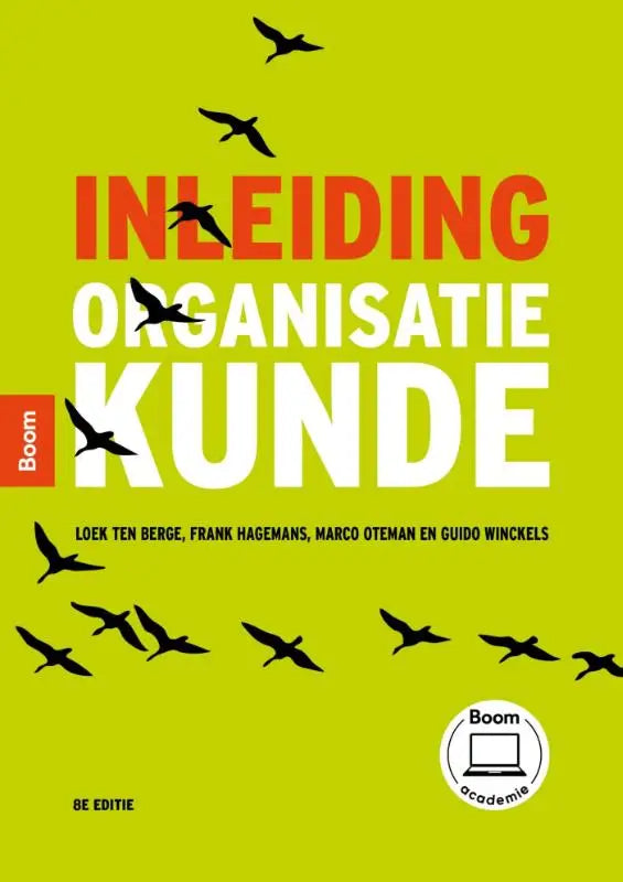 Bright lime groene boekomslag van Inleiding organisatiekunde 8ste editie met rode en witte tekst en zwarte vogel silhouetten