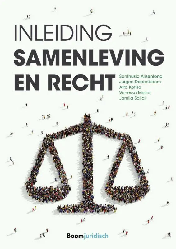 De boekcover van inleiding samenleving en recht toont een zwarte titel en een weegschaal van menselijke figuren door afra kotiso en jamila sallali