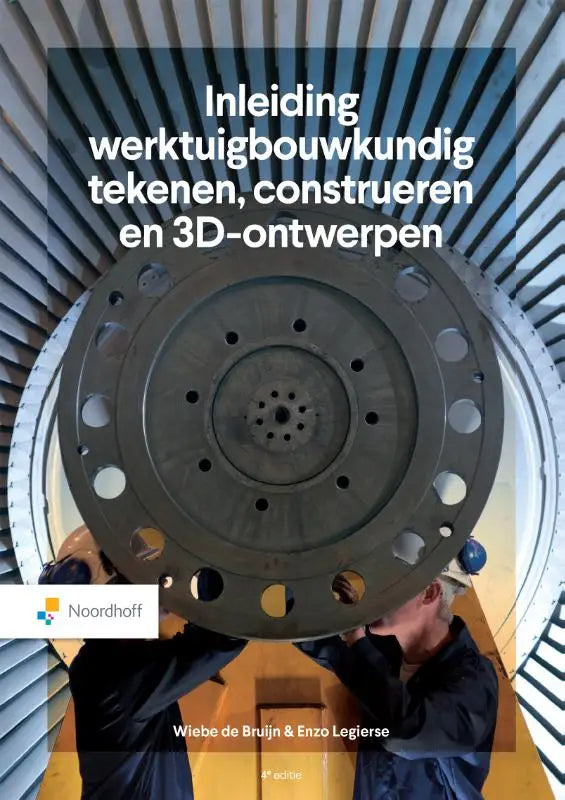 De boekcover van inleiding werktuigbouwkundig tekenen toont een donkergrijs metalen industrieel onderdeel met ronde uitsparingen