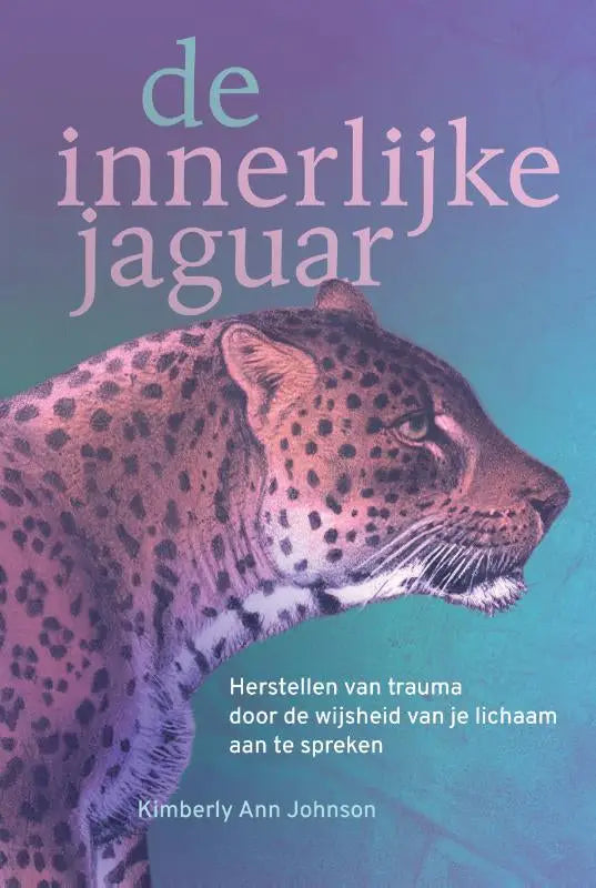 Gestileerde illustratie van een innerlijke jaguar met rozetten in bruin en zwart op paarse naar teal achtergrond voor kimberly ann johnson