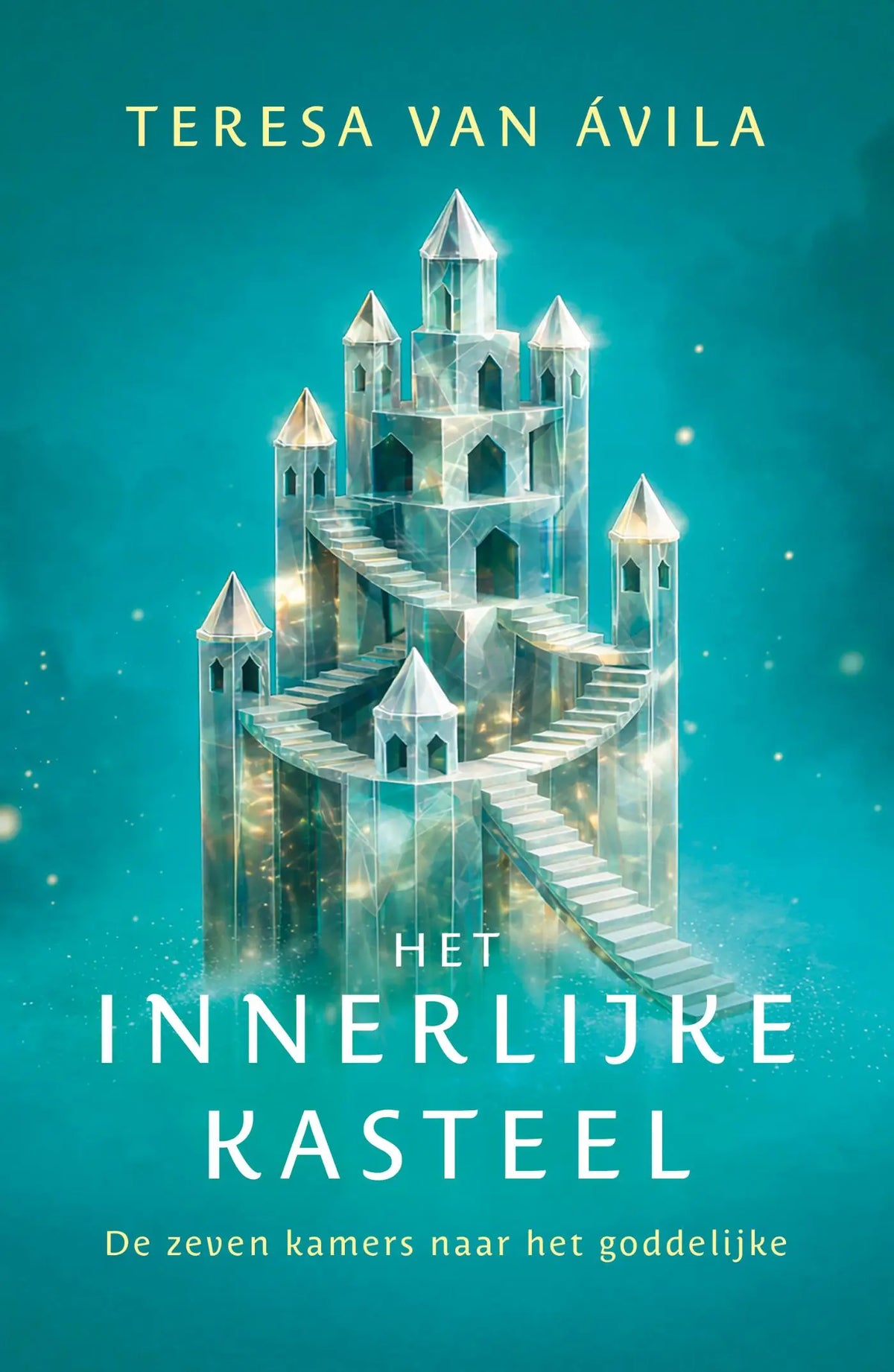 Een doorschijnend innerlijke kasteel met gloeiende trappen en hoge torens tegen een teal achtergrond