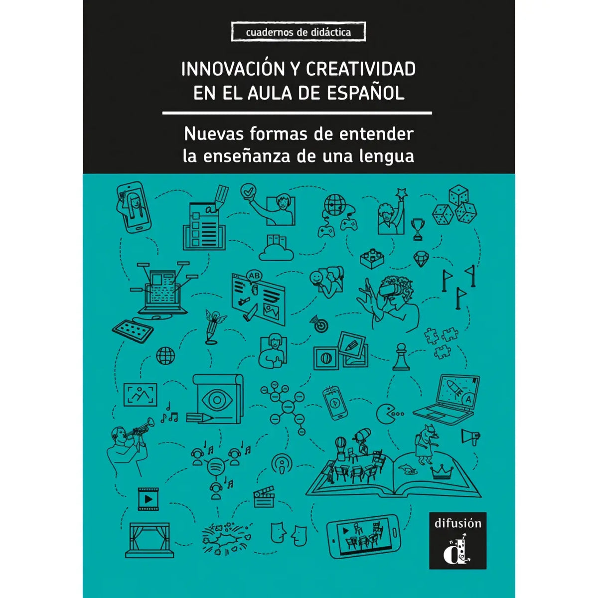 Tealkleurig educatief werkboek innovatie y creatividad met zwarte lijntekeningen voor talen algemeen in de aula de español