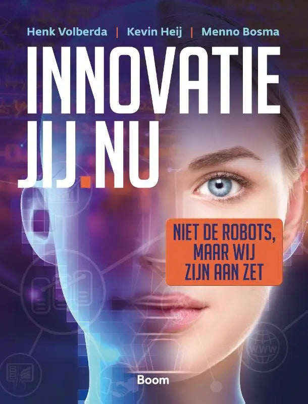 Boekcover innovatie jij.nu met witte tekst op paarsblauwe digitale achtergrond en oranje tekstvak innovatief product