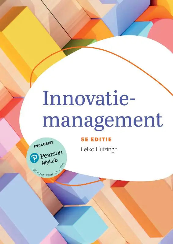 De boekcover van Innovatie-management toont de titel in een moderne lettertype op een kleurrijke geometrische achtergrond