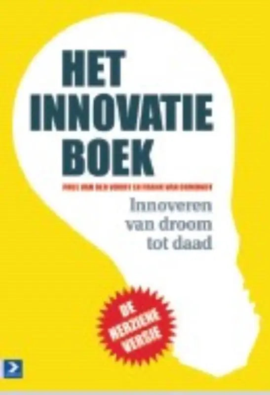 Gele boekcover van het innovatieboek met witte gloeilamp en donkere blauwe tekst uitgegeven door koninklijke boom uitgevers