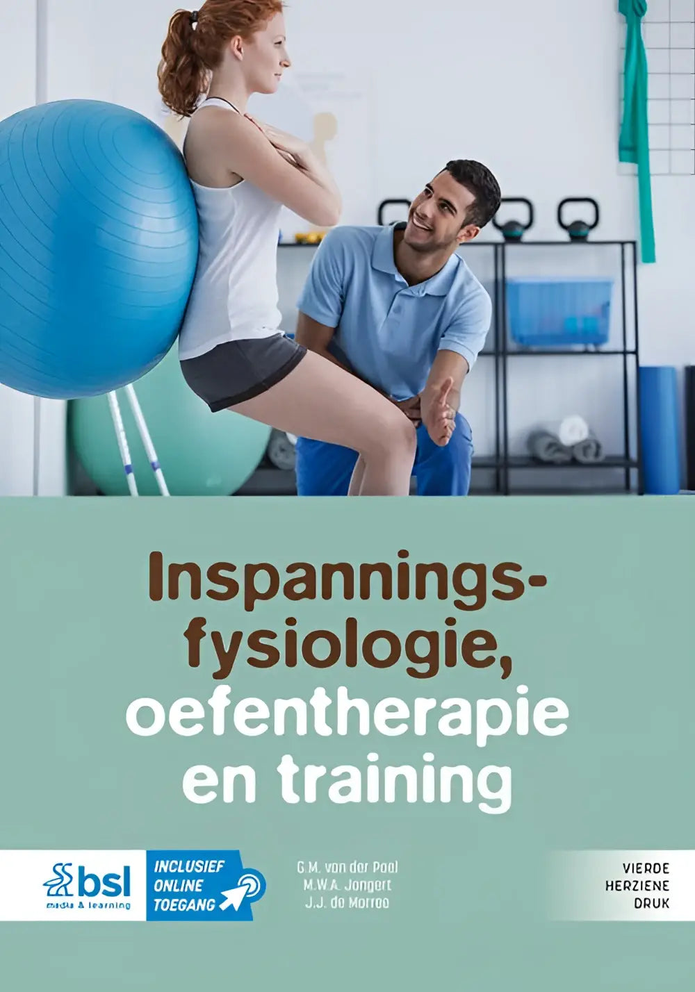 Boekcover van inspanningsfysiologie oefentherapie en training in bruin op lichtgroene achtergrond door bsl media voor hoger onderwijs