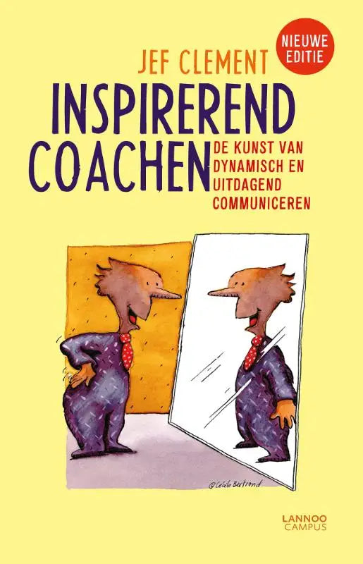 Gele boekcover van inspirerend coachen door jef clement met cartoon man in paars pak voor spiegel