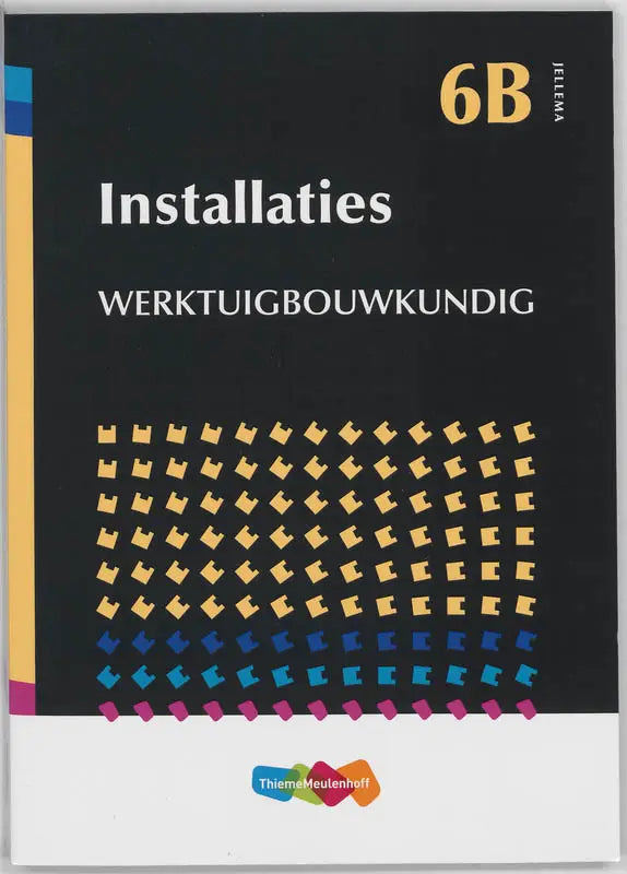 Zwarte installaties boekomslag met gouden en blauwe geometrische patronen en witte titel tekst
