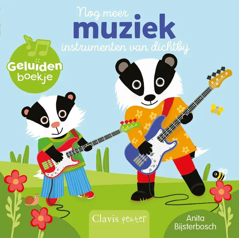 Kleurijk geluidenboekje voor jonge lezers met twee cartoon dasjes die elektrische gitaren bespelen in een tuin