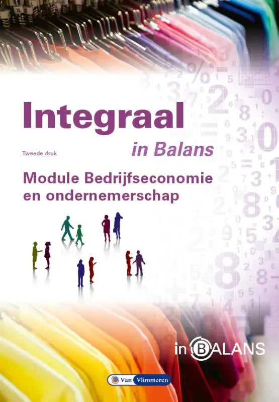 De boekcover integraal in balans toont een abstracte achtergrond met kleurrijke kledinghangers en zwevende nummers