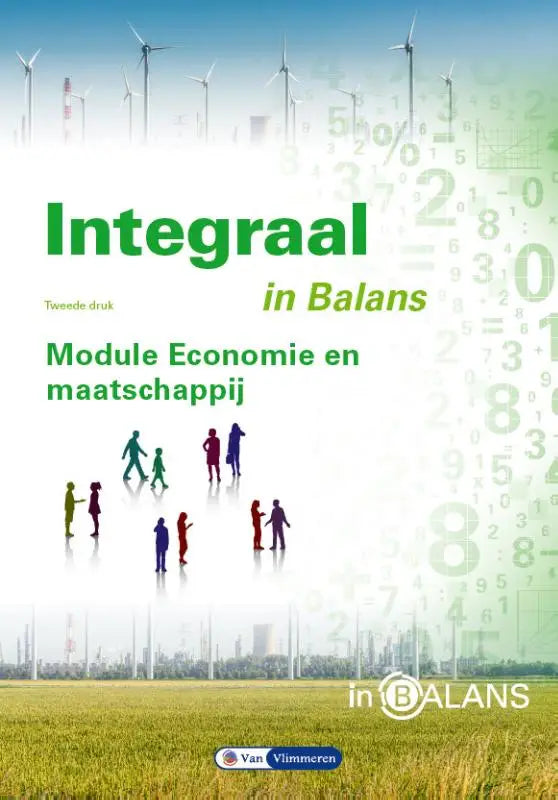 Groene en witte leerboekomslag integraal in balans met menselijke silhouetten, windturbines en zwevende cijfers voor economie en maatschappij