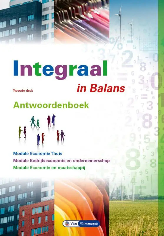 De cover van integraal in balans totaal antwoorden met kleurrijke titel en illustraties van mensen, gebouwen, en windmolens