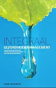 Integraal gezondheidsmanagement product met abstracte blauwe waterdruppels op felgroene bladeren achtergrond