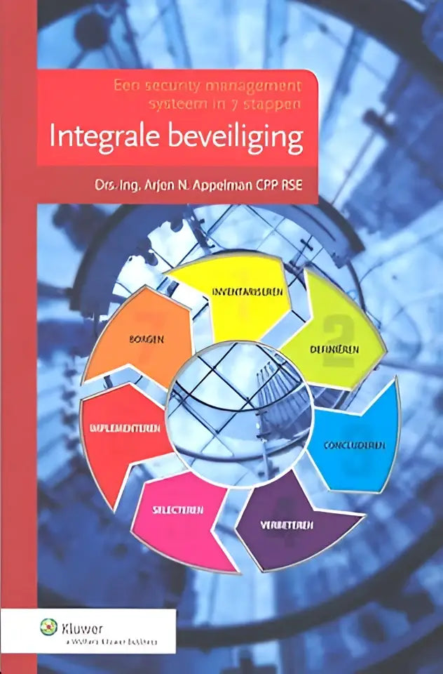 Het boek integrale beveiliging toont een blauw wit diagram met gekleurde cirkelsegmenten over security management systeem