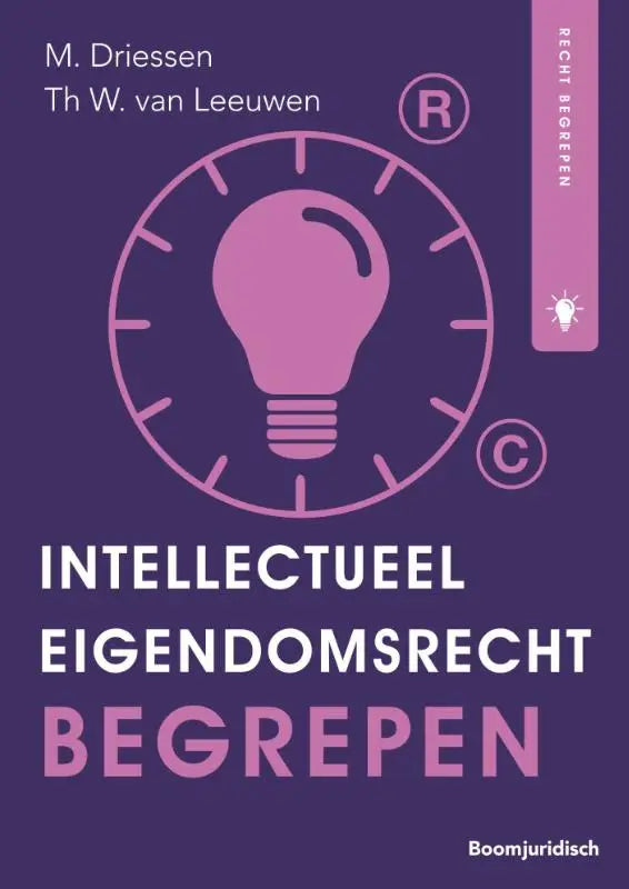 Paars boek met roze gloeilamp en klok icoon getiteld intellectueel eigendomsrecht begrippen door m in intellectueel eigendomsrecht begrepen