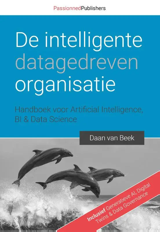 Blue boekcover van De intelligente datagedreven organisatie met zwart-witte dolfijnen en rode diagonaalbanner