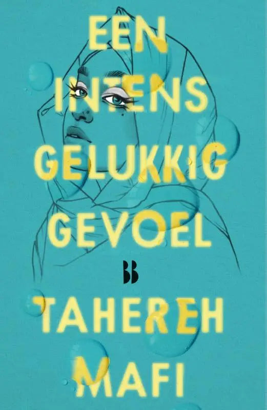 Een gestileerde illustratie van een vrouw met hoofddoek in zwarte lijnen op teal achtergrond voor intens gelukkig gevoel product