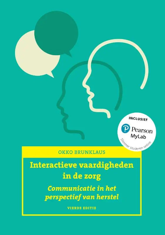 Teal omslagen boek interactieve vaardigheden in de zorg door okko brunklaus met minimalist witte en donkere teal silhouetten voor hoger onderwijs