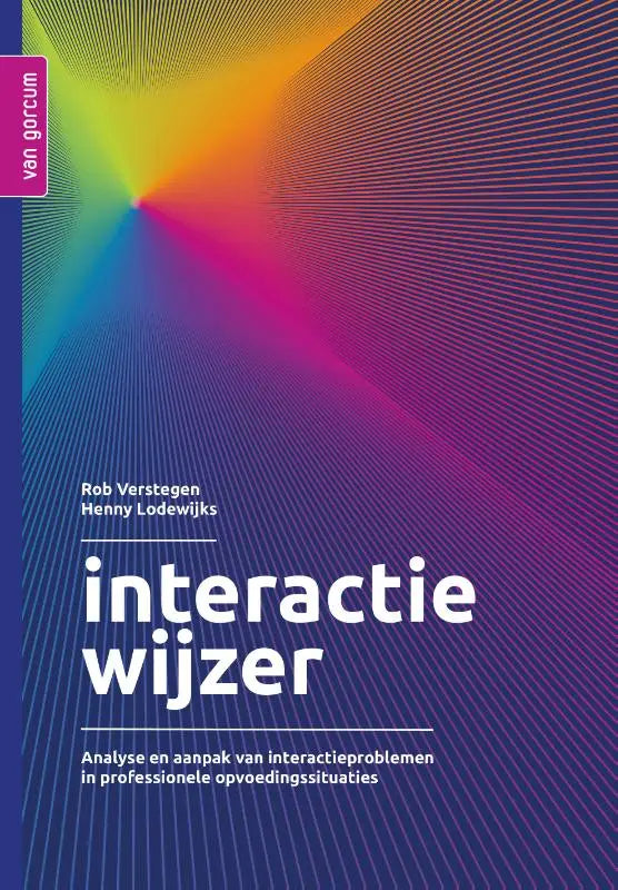 Het boek interactiewijzer van henny lodewijks en rob verstegen toont een kleurrijk geometrisch ontwerp op paarse achtergrond