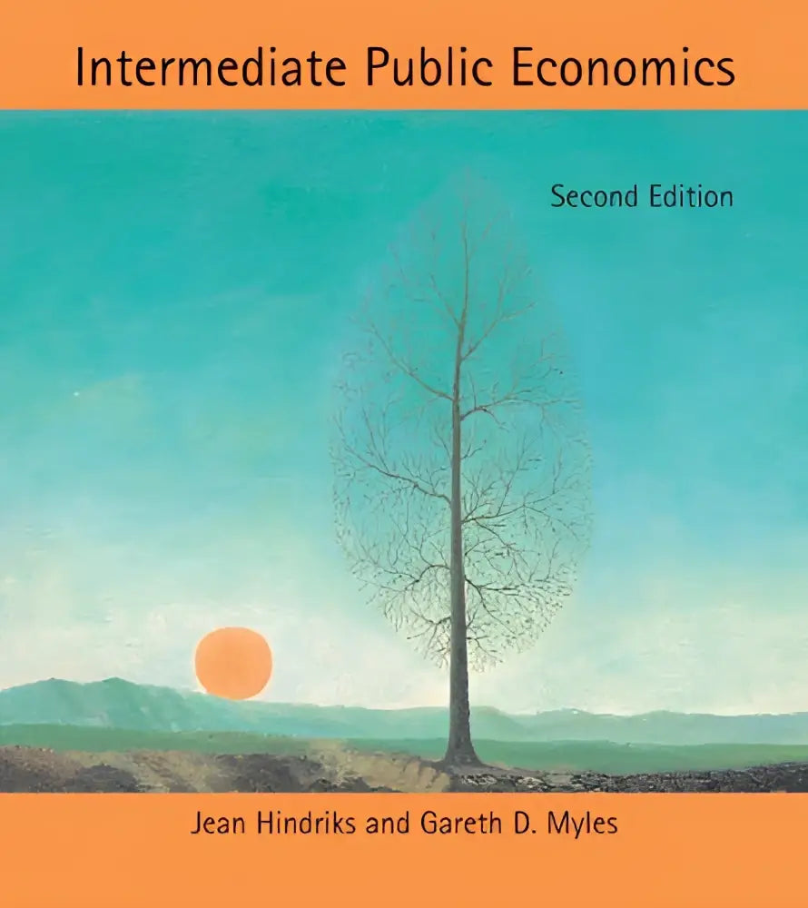 Het boek intermediate public economics tweede editie toont een minimalistische boom op een teal achtergrond met oranje zon