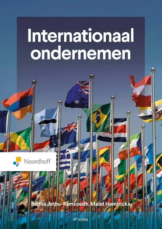 De boekcover van internationaal ondernemen toont de titel in witte letters op paars met kleurrijke vlaggen op de achtergrond