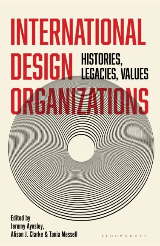 De boekcover van international design organizations toont rode tekst op crèmewit met zwarte concentrische cirkels in spiraalvorm