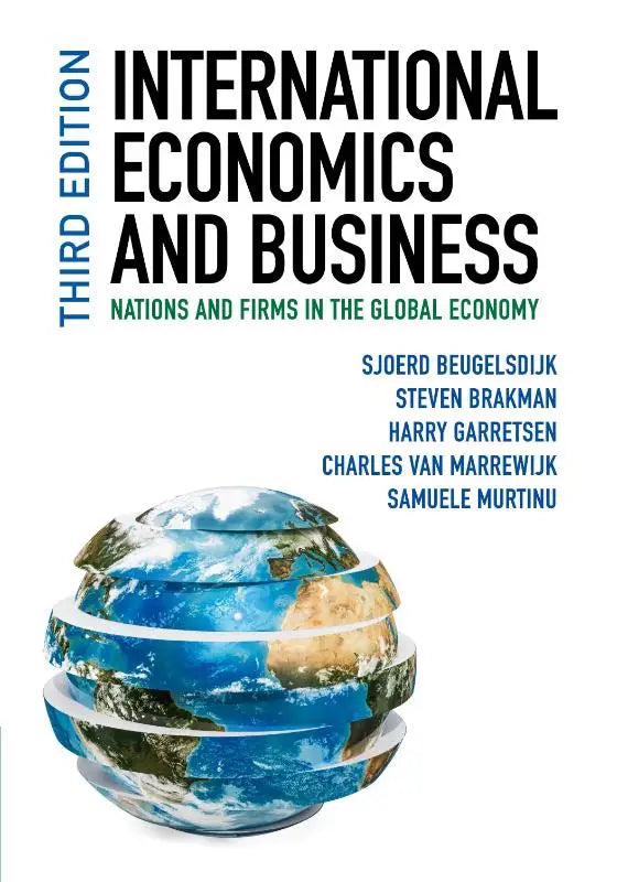 De boekomslag van de derde editie van international economics and business toont een globe van blauwe oceanen en groene landmassa’s