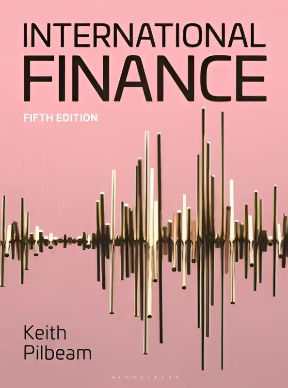 De boekcover van international finance vijfde editie door keith pilkbeam toont vet zwart tekst op zachtroze achtergrond met abstract goudwit geluidsgolfontwerp