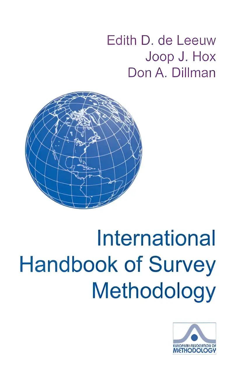Illustratie van een blauwe globe op de omslag van het international handbook of survey methodology voor onderzoeksmethoden