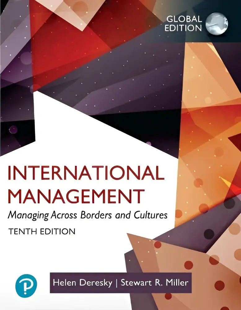 Boekcover van international management tekst en cases met opvallende rode en oranje geometrische vormen voor managing across borders