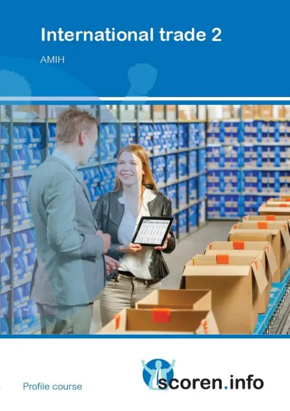 De cover van het International trade 2 leerboek van amih met een blauwe header en professionals in een magazijnomgeving
