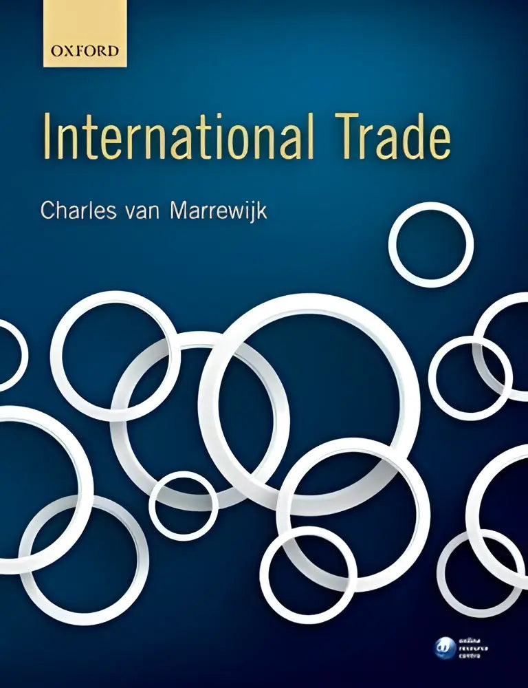 Blauw oxford boek international trade van charles van marrewijk met patroon van witte cirkels en technische aantekeningen