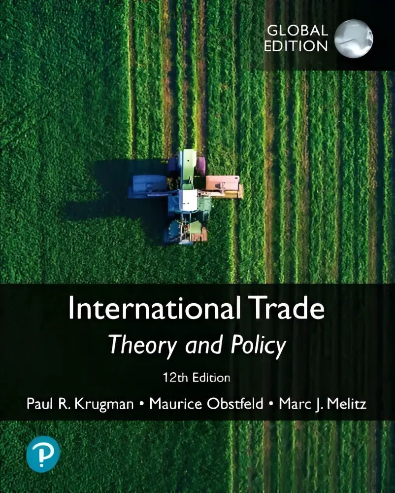 De boekcover toont een luchtfoto van een groen veld met landbouwmachines voor international trade theory and policy 12e editie