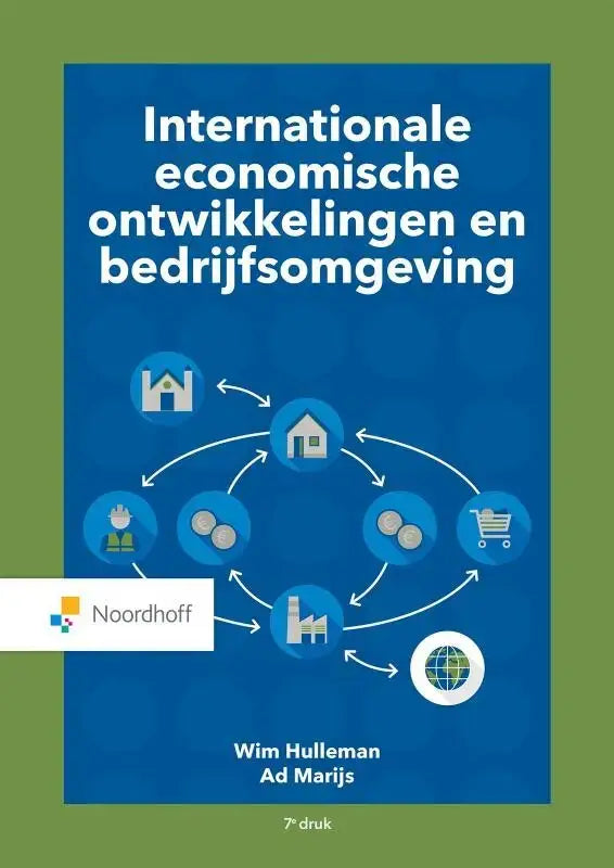 Blauw studieboek internationale economische ontwikkelingen en bedrijfsomgeving met witte tekst en iconen van noordhoff