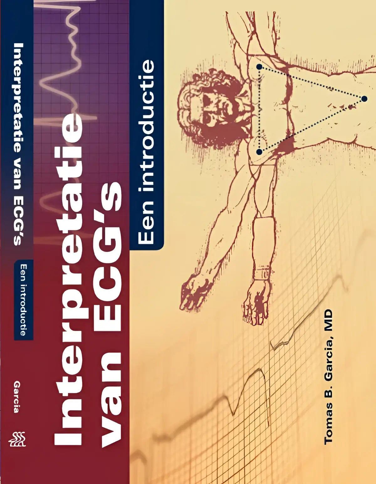 De boekcover van interpretatie van ecg’s toont een rode en beige illustratie van een menselijk figuur met ecg-golfpatroon, bsl media geneeskunde algemeen