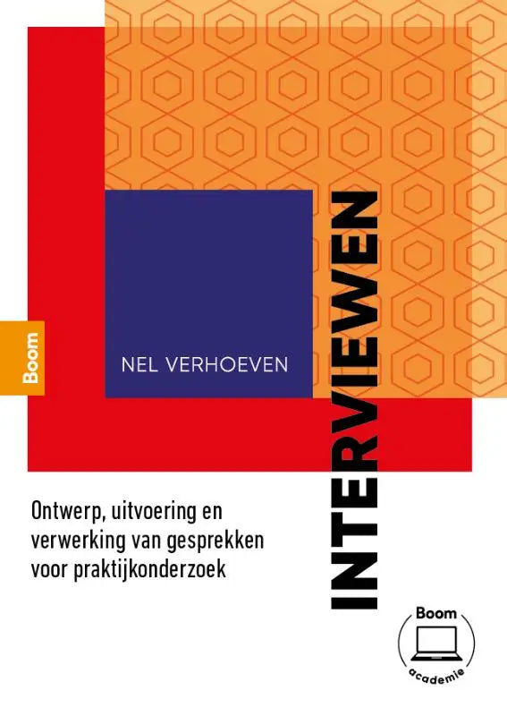 Oranje en rood geometrisch patroon boekomslag van interviewen door nel verhoeven uitgegeven door koninklijke boom academie