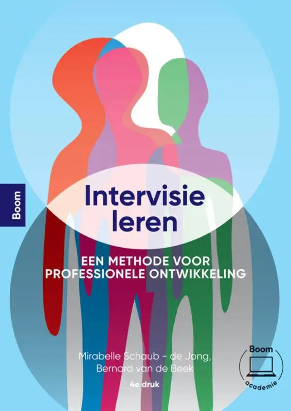 Het boek intervisie leren toont een kleurrijke abstracte illustratie van menselijke silhouetten voor professionele ontwikkeling