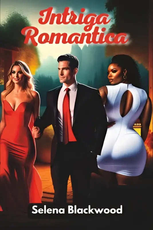 De cover van intriga romantica van selena blackwood toont drie personages in formele kleding tegen een dramatische achtergrond voor een suspenso romántico psicológico roman