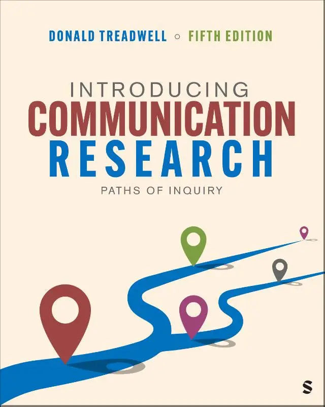 De vijfde editie van introducing communication research met beige kaft, rode en blauwe typografie en kleurrijke locatie-iconen