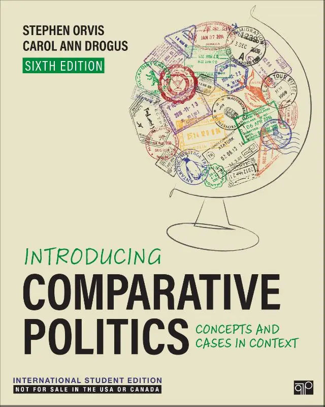 De boekcover van introducing comparative politics international student edition toont een globe met kleurrijke paspoortstempels voor concepts and cases