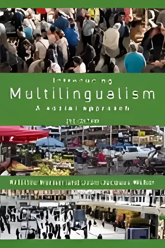 De boekomslag van Introducing multilingualism toont een levendige straatmarkt met kleurrijke kramen en een open lucht