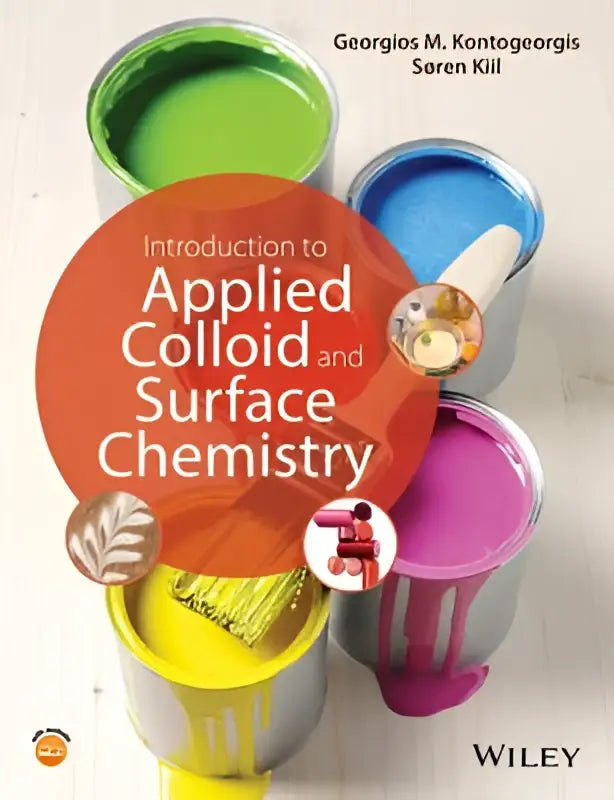 De kleurrijke omslag van introduction to applied colloid and surface chemistry toont open verfblikken in groen blauw geel en roze