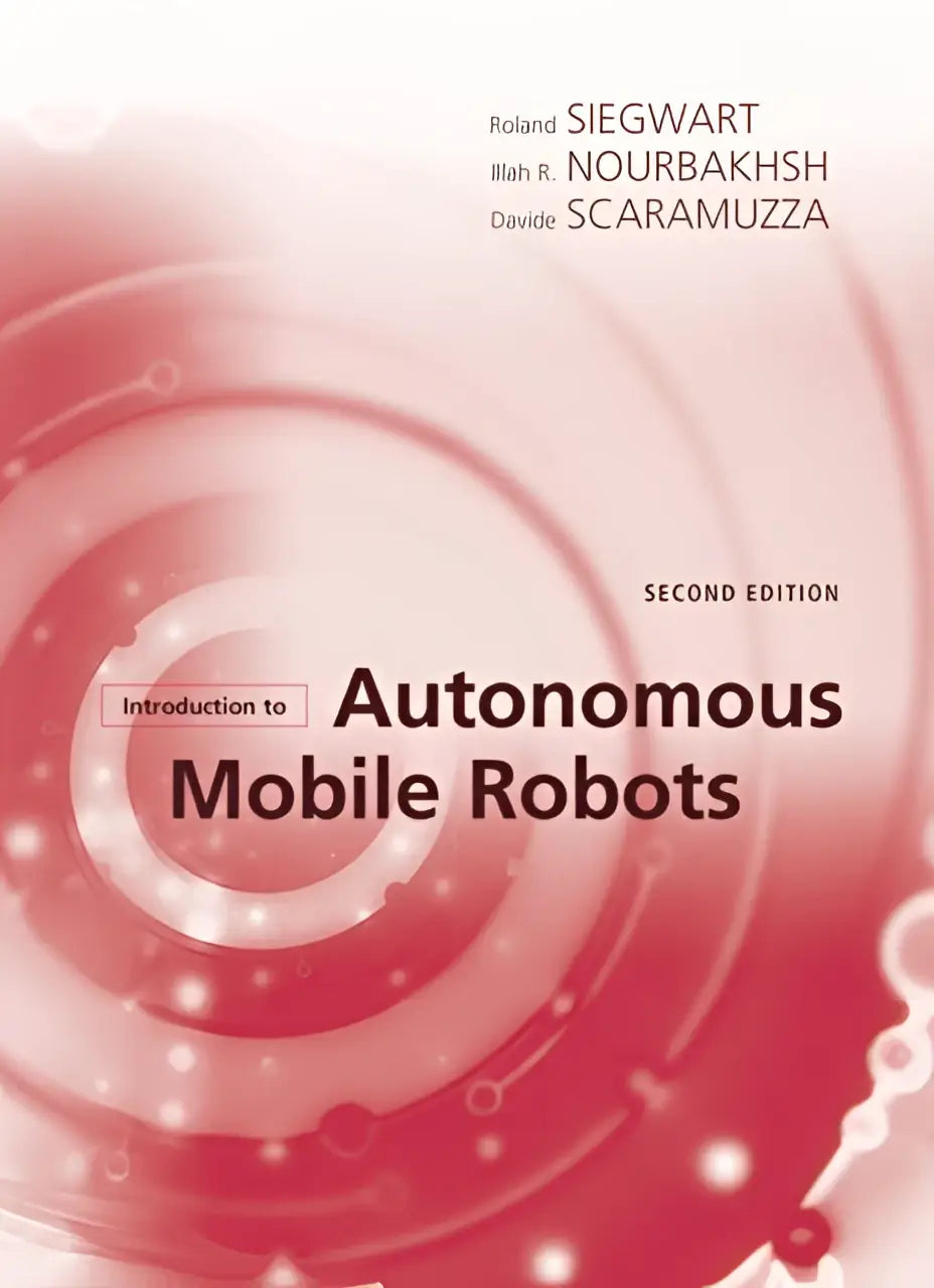 De boekcover van introduction to autonomous mobile robots tweede editie toont een modern ontwerp met rode en witte cirkelpatronen